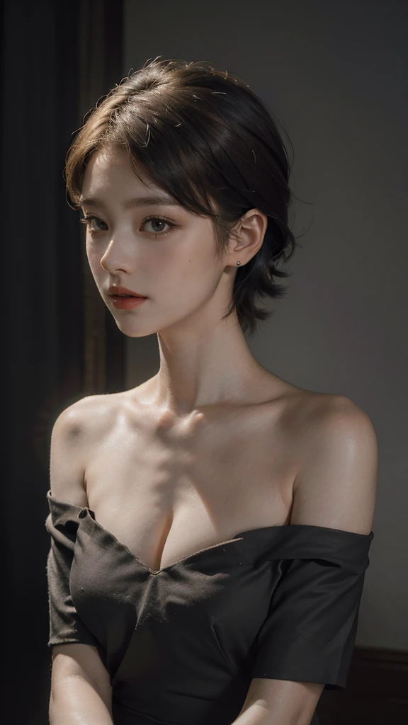 Best quality, masterpiece, ultra high res, (photorealistic:1.5), raw photo, 1girl, offshoulder, in the dark, deep shadow, low key, cold light, sexy look, short hair