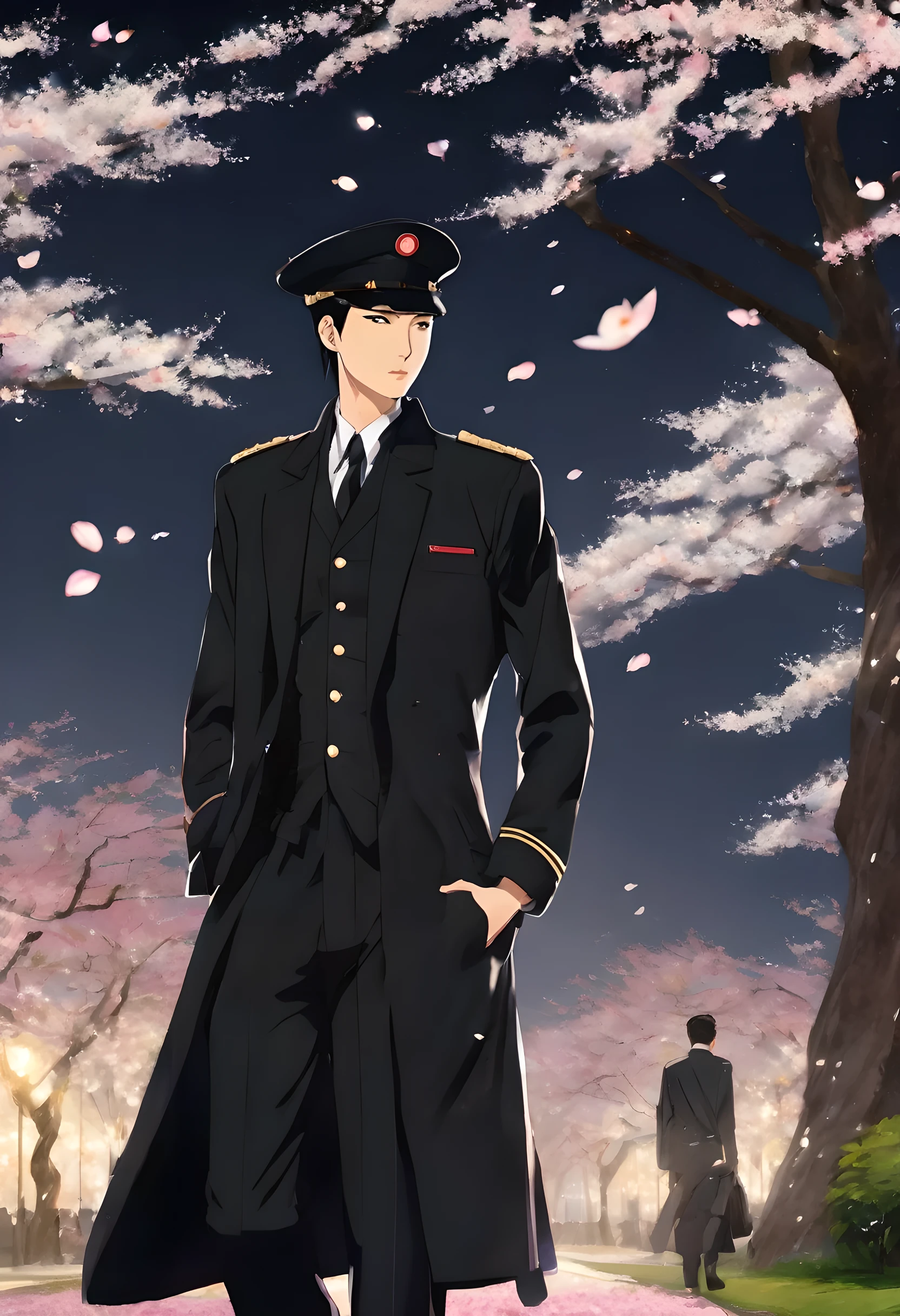 Wearing a black military uniform black haired japanese man 20th Generation Handsome military cap Uniform cap high resolution Black long coat Black blazer Black tie Dress shirt White Japanese style night cherry blossoms Scattering