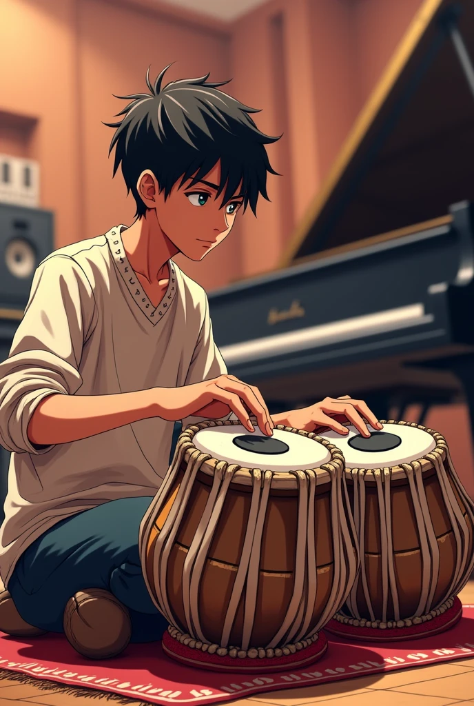 A 18 Year old boy play tabla and right hand side stay close piano in music studio tabla is big anime version full tabla see tabla image is bor rectify this he is seatting on piano chair