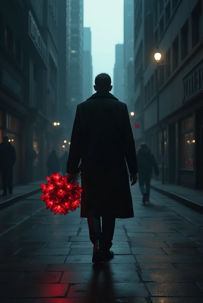 There is a man walking down a street with a bouquet of flowers., (rojas), (highlight the red of the flowers), 8K still film, 8K movie frame, Stunning moody cinematography, from the new John mecha movie, lubezki, in the John mecha movie, dramatic cinematic composition, cinematic atmospheric photo, morbius screenshot (2022), John mecha, cinematic shadowy lighting