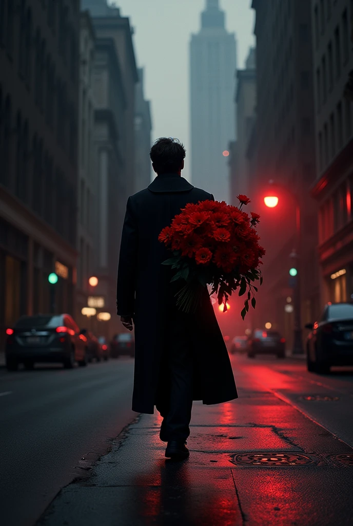 There is a man walking down a street with a bouquet of flowers., (rojas), (highlight the red of the flowers), 8K still film, 8K movie frame, Stunning moody cinematography, from the new John mecha movie, lubezki, in the John mecha movie, dramatic cinematic composition, cinematic atmospheric photo, morbius screenshot (2022), John mecha, cinematic shadowy lighting
