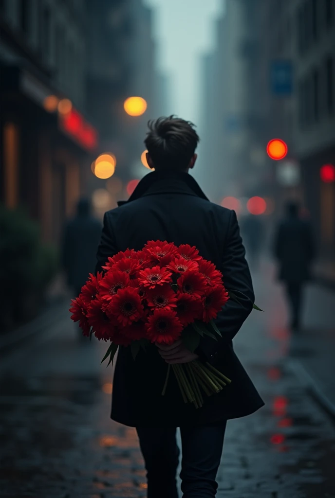 There is a man walking down a street with a bouquet of flowers., (rojas), (highlight the red of the flowers), 8K still film, 8K movie frame, Stunning moody cinematography, from the new John mecha movie, lubezki, in the John mecha movie, dramatic cinematic composition, cinematic atmospheric photo, morbius screenshot (2022), John mecha, cinematic shadowy lighting