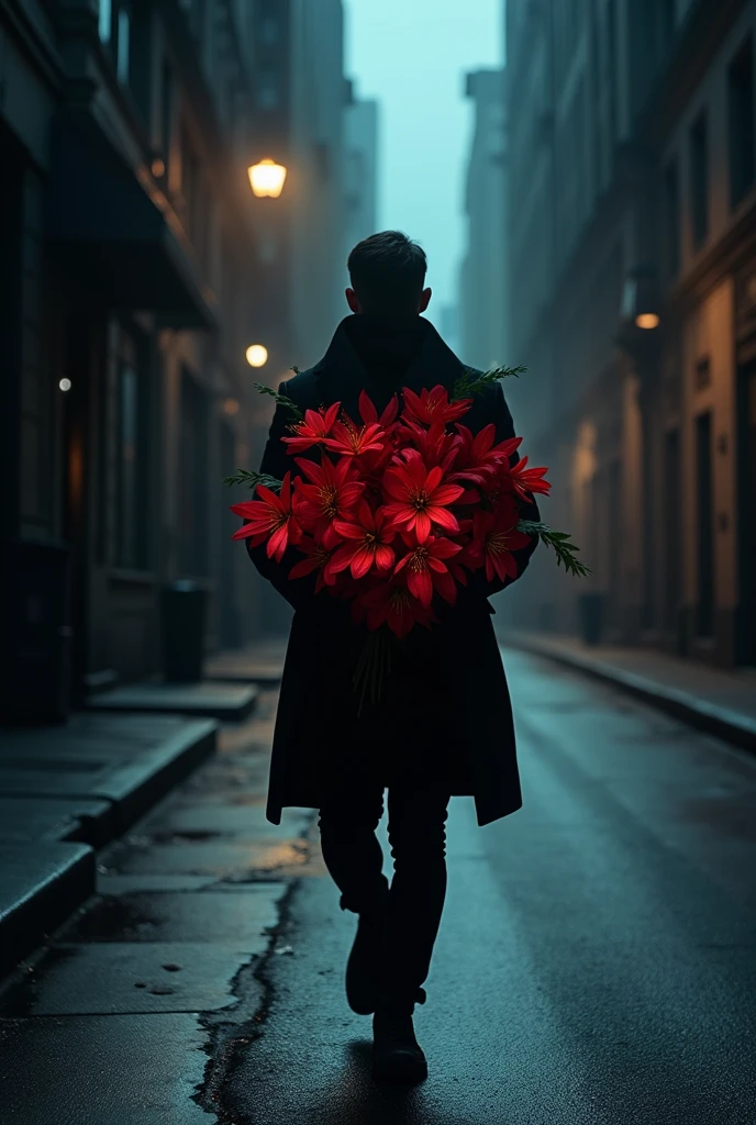 There is a man walking down a street with a bouquet of flowers., (rojas), (highlight the red of the flowers), 8K still film, 8K movie frame, Stunning moody cinematography, from the new John mecha movie, lubezki, in the John mecha movie, dramatic cinematic composition, cinematic atmospheric photo, morbius screenshot (2022), John mecha, cinematic shadowy lighting