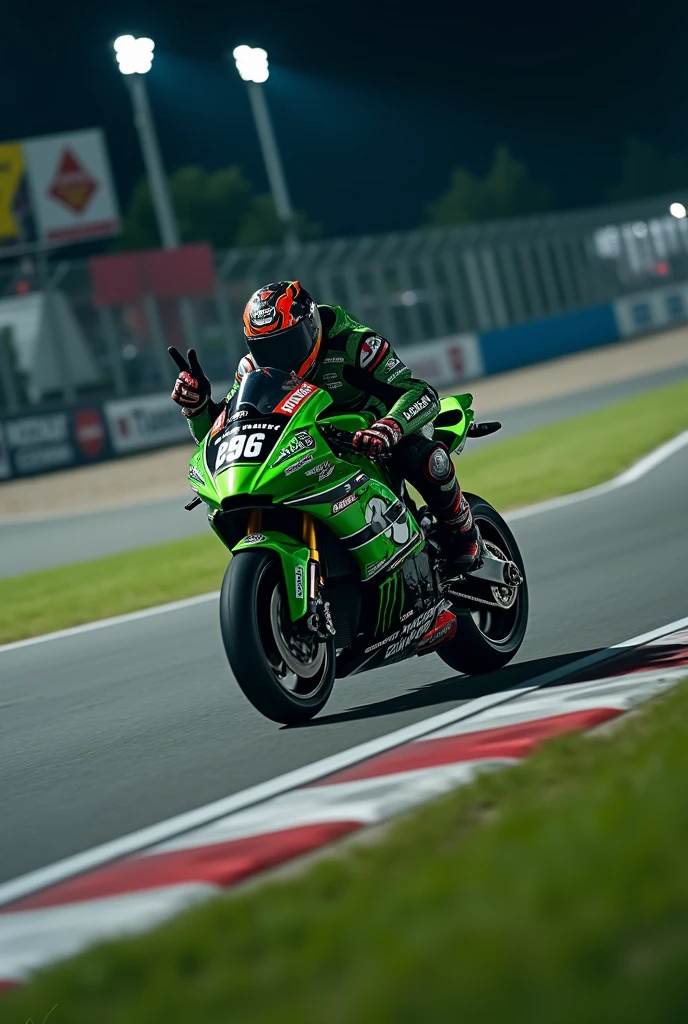((best quality)), ((masterpiece)), (detailed), 1man, superbikes rider leans on cornering, one hand peace pose to the camerawearing racer wearpack, ninja motorcycle type 150R 2strokes(green metalic)with sponsors stickers, low angle camera, at nights, race helmet motif, red white corner line, green grass, lightings, podium and billboard, realistics and detailed vision.