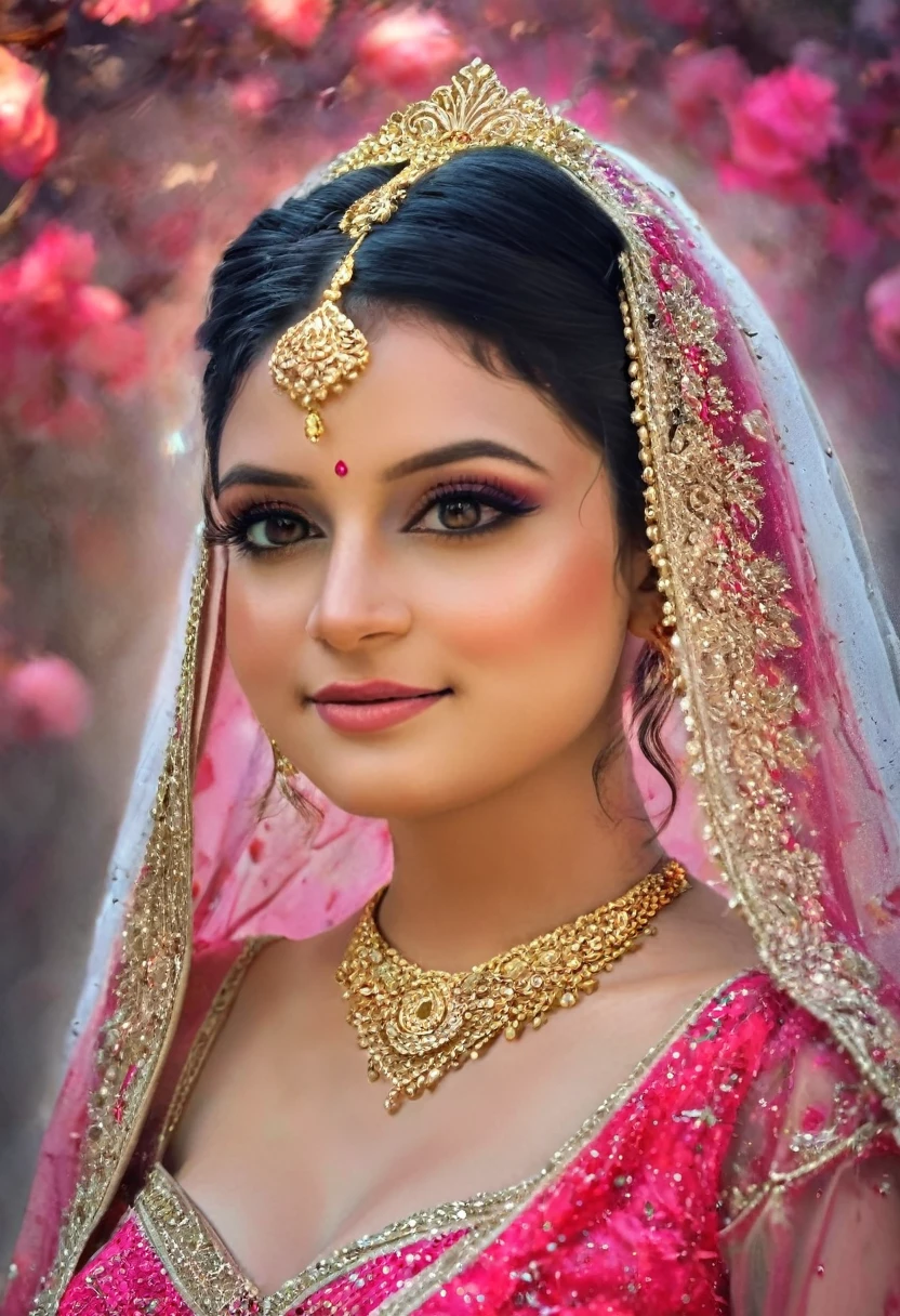 (((Stunningly Beautiful persian Princesss ))), elegant red black updo hair, Laetitia Casta, sweet smile, Beautiful bride posing under a fairy tale arch of exotic magical flowers, looking back,elaborate scene style, crystal glass lattice, glitter, transparent embroidered lace, realistic style, 8k,exposure blend, medium shot, bokeh, (hdr:1.4), (cinematic), ( dark tones:1.3), (hyperdetailed:1.2),Realism,1 girl,girl wearing indian saree(dressed in transparent saree)(wearing glitter graphics jewelry)big ,Sexy Big Breast, pink nipples,bright light ,long_hair, Bokeh ,nsfw , indian ,tree branch, colourfull ,undersized bra,princess dress,lehenga choli