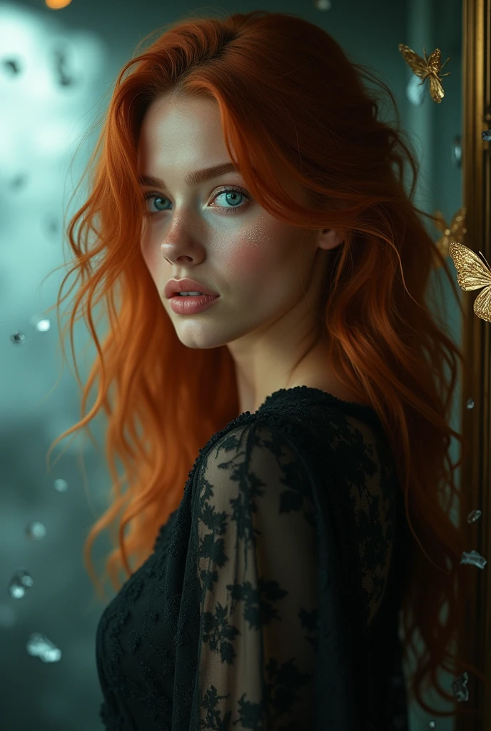 (solo, full body photo:1.3), (action packed:1.3), (haze, fog, mist:1.3), chiaroscuro, best quality, photorealistic, 1woman, (cute), (24yo:1.2), redhead, long ginger hair highly detailed, 1700'S, digital photography, art by artgerm and ruan jia and greg rutkowski surreal painting gold butterfly filigree, broken glass, (masterpiece, sidelighting, finely detailed Fashionable eyes: 1.2) (perfect oval large eyes that gazes at the viewer), beautiful detailed face, blue gorgeous perfect eyes, (blonde hair ponytail), (attractive young woman:1.3), (thick amazing hair), (seductive:1.1), (blushing:1.1)