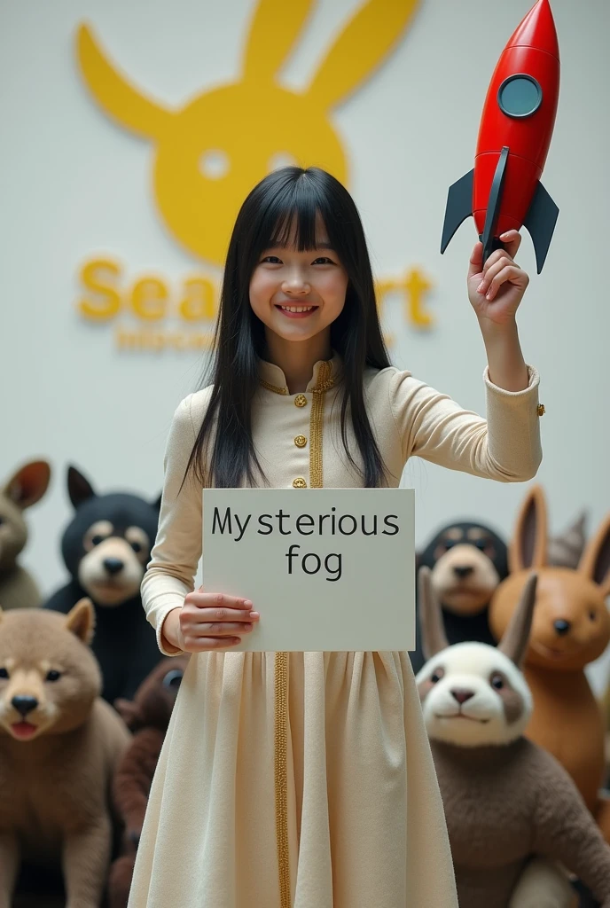 ((Cute cat, dog, monkey, pheasant, raccoon, panda, parakeet, and rabbit holding up a sign that says Mysterious Fog:1.3)), 8-year-old. long, straight black hair, Slim face, Very thin and pale skin. She is wearing a beautiful Dior-style white light tweed dress with gold accents. On Stage "Rocket Launcher", She is wearing a gorgeous dress with a blue strap around her neck、 ((Giant Rocket Launcher:1.3)). She smiles as she speaks to the audience. Behind her、There is a white wall with a yellow Sea Art logo。. She has a good style. There seems to be an interesting and intelligent thought in her eyes. Her knowledge of AI technology to people from all walks of life々And her overall aura suggests that、Confidence and determination ooze from her。. That's how Sea Art speaks. She points ((Rocket Launcher:1.3))、 Cute cat, dog, monkey, pheasant, raccoon, panda, parakeet, and in front of the rabbit audience.The audience are all Cute cat, dog, monkey, pheasant, raccoon, panda, parakeet, and rabbit animals.。