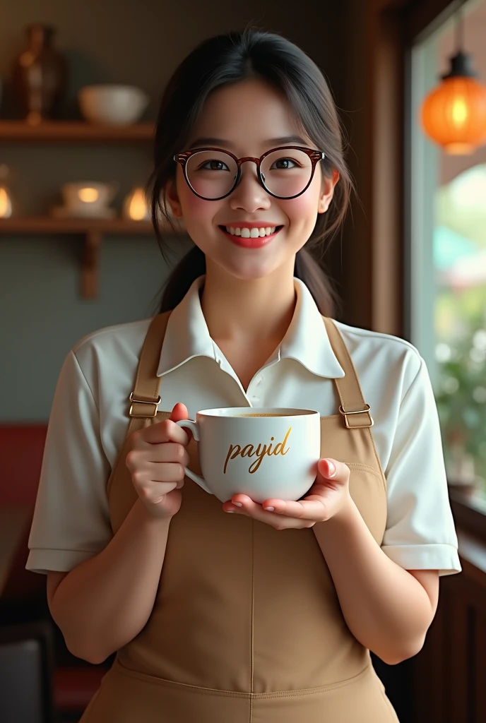 created a beautiful woman with a fat body, glasses,medium breasts, Malay face. her was a restaurant waiter who delivered a cup of warm coffee, The cup making word Gold inscription "payid", the background is village cafe. the image is very detailed, super HD