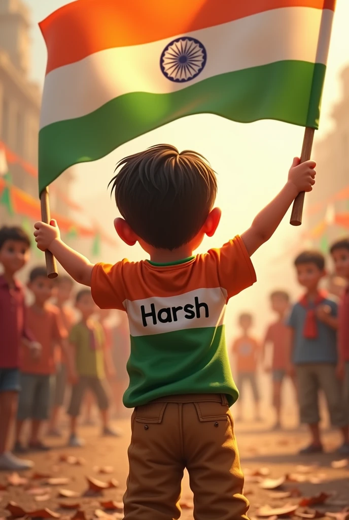 a boy holding Indian flag and on his clothes, back side Harsh is written and celebrating its 78th Independence Day