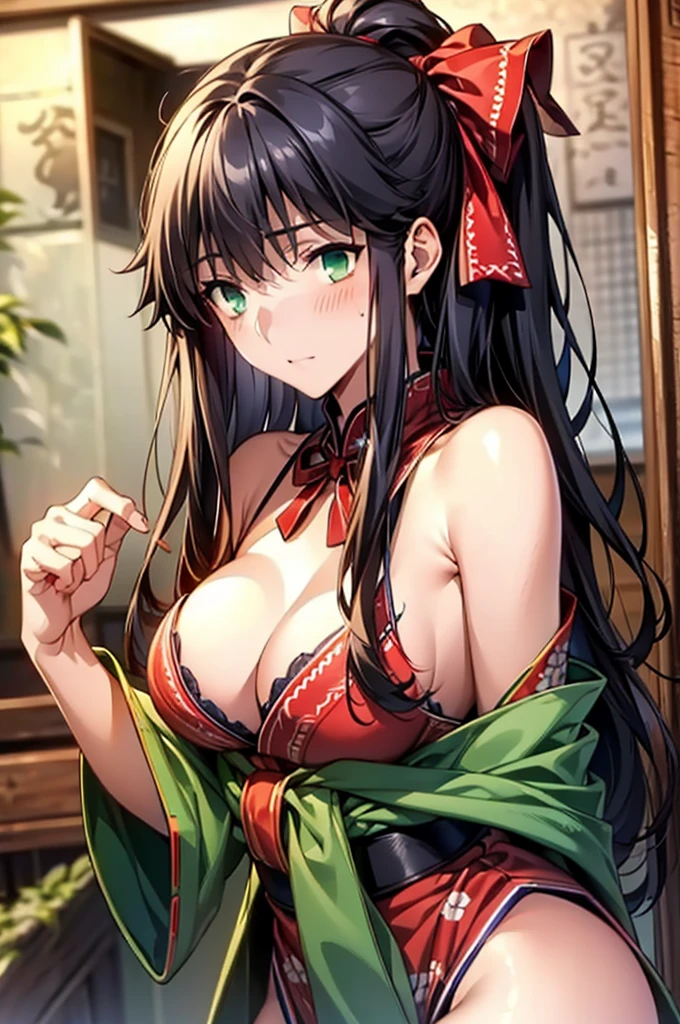 Masterpiece,Highest quality,8k,Ultra-high resolution,appropriate margins,Perfect hands,Perfect Fingers,Perfect human body,Perfect Eyes,((Cowboy Shot)),BREAK,Bright expression,(1 person),(The most beautiful woman),Slim body,((The most extraordinary breasts)),Moisturized Skin,Fair skin,BREAK,((Black Hair)),Long Hair,ponytail,BREAK,Thin eyebrows,BREAK,Green Eyes,BREAK,(Shrine maiden),(白色のShrine maiden服),(),BREAK,Make eye contact with your audience,Embarrassing,shrine