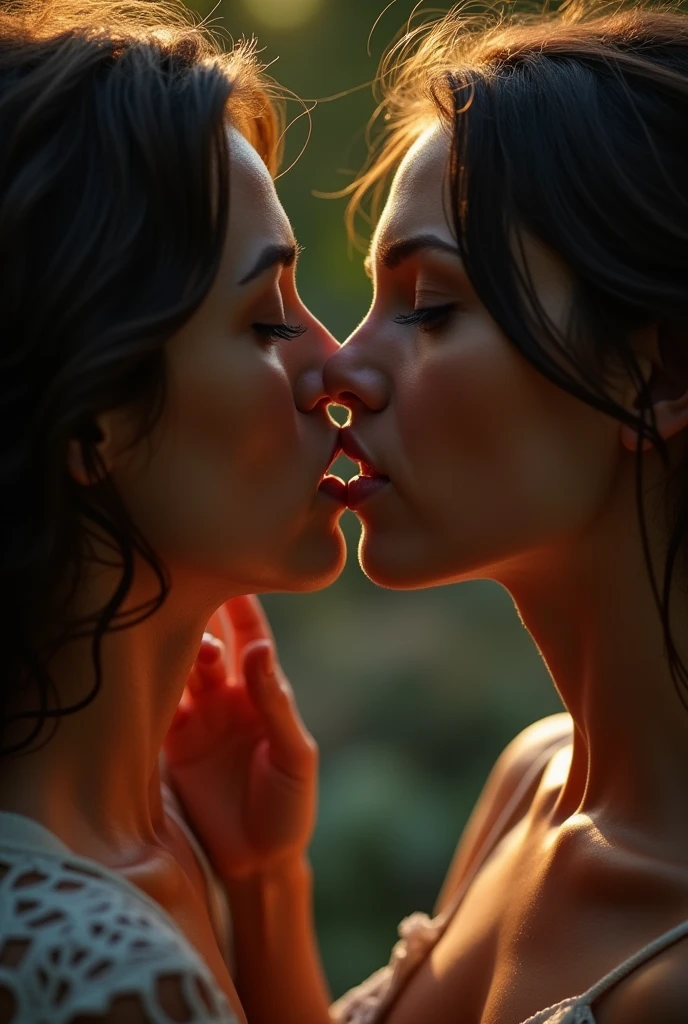 a lesbian couple outdoors, intimate close-up, sensual expressions, intense pleasure on their faces, dark moody lighting, detailed facial features, high quality, photorealistic, cinematic lighting, masterpiece