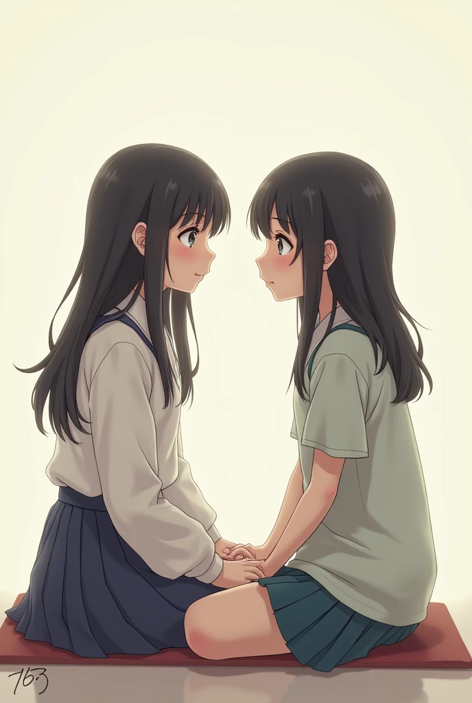 2 Japanese girls seating on legs and open mouth 