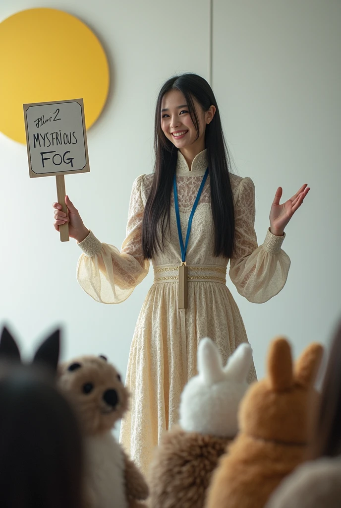 ((Cute cat, dog, monkey, pheasant, raccoon, panda, parakeet, and rabbit holding up a sign that says Mysterious Fog:1.3)), 18-year-old. long, straight black hair, Slim face, Very thin and pale skin. She is wearing a beautiful Dior-style white light tweed dress with gold accents. On Stage "Rocket Launcher", She is wearing a gorgeous dress with a blue strap around her neck、 ((Giant Rocket Launcher:1.3)). She smiles as she speaks to the audience. Behind her、There is a white wall with a yellow Sea Art logo。. She has a good style. There seems to be an interesting and intelligent thought in her eyes. Her knowledge of AI technology to people from all walks of life々And her overall aura suggests that、Confidence and determination ooze from her。. That's how Sea Art speaks. She points ((Rocket Launcher:1.3))、 Cute cat, dog, monkey, pheasant, raccoon, panda, parakeet, and in front of the rabbit audience.The audience are all Cute cat, dog, monkey, pheasant, raccoon, panda, parakeet, and rabbit animals.。