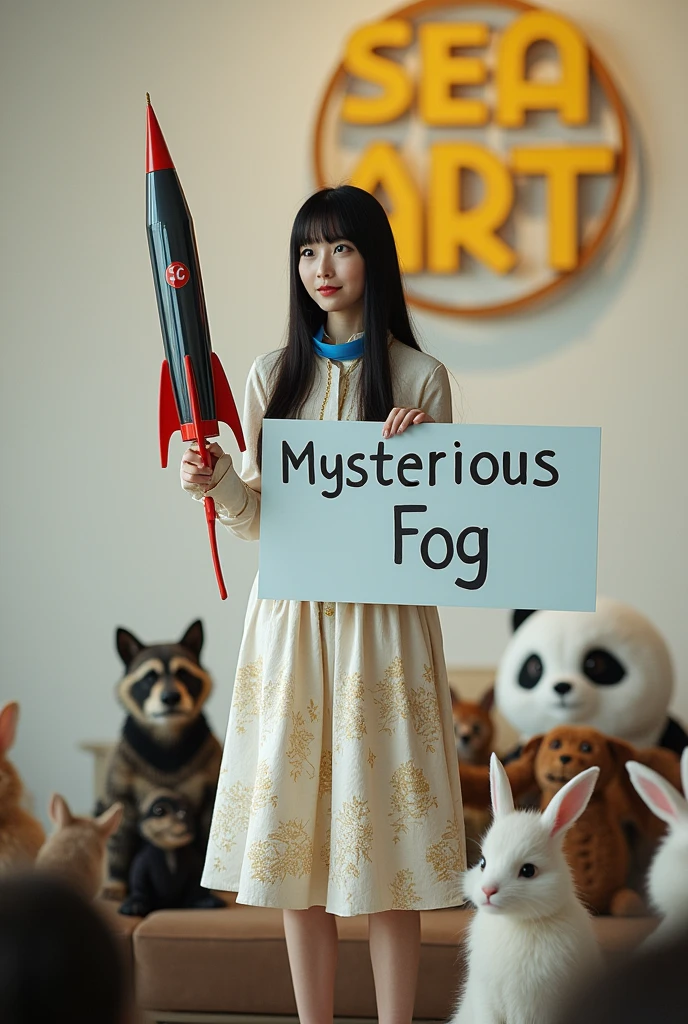 ((Cute cat, dog, monkey, pheasant, raccoon, panda, parakeet, and rabbit holding up a sign that says Mysterious Fog:1.3)), 18-year-old. long, straight black hair, Slim face, Very thin and pale skin. She is wearing a beautiful Dior-style white light tweed dress with gold accents. On Stage "Rocket Launcher", She is wearing a gorgeous dress with a blue strap around her neck、 ((Giant Rocket Launcher:1.3)). She smiles as she speaks to the audience. Behind her、There is a white wall with a yellow Sea Art logo。. She has a good style. There seems to be an interesting and intelligent thought in her eyes. Her knowledge of AI technology to people from all walks of life々And her overall aura suggests that、Confidence and determination ooze from her。. That's how Sea Art speaks. She points ((Rocket Launcher:1.3))、 Cute cat, dog, monkey, pheasant, raccoon, panda, parakeet, and in front of the rabbit audience.The audience are all Cute cat, dog, monkey, pheasant, raccoon, panda, parakeet, and rabbit animals.。