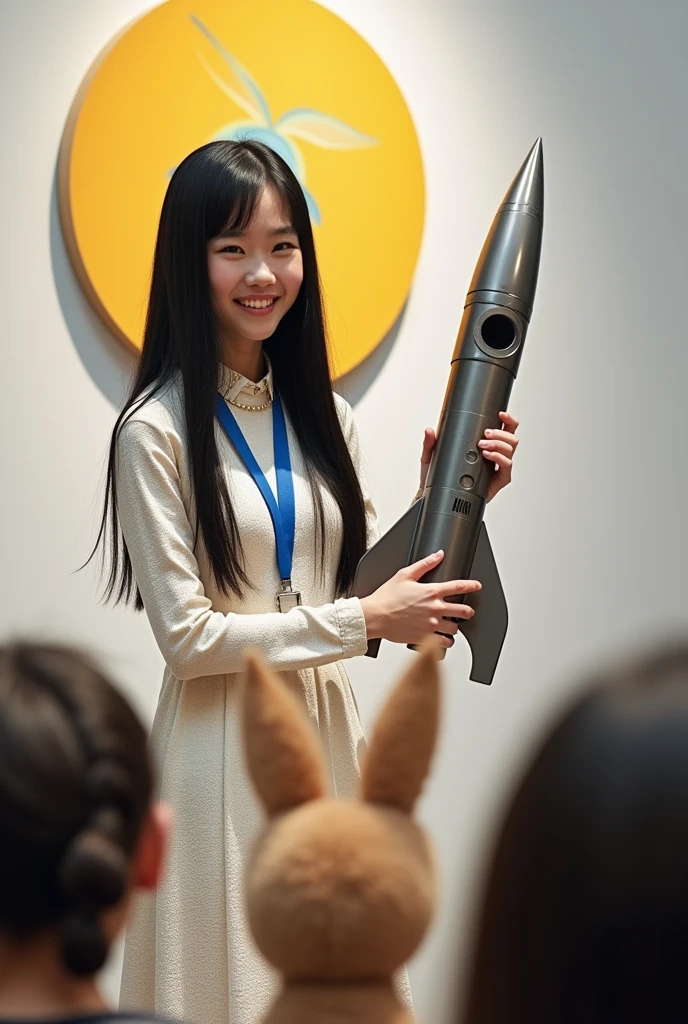 ((Cute cat, dog, monkey, pheasant, raccoon, panda, parakeet, and rabbit holding up a sign that says Mysterious Fog:1.3)), 4-year-old. long, straight black hair, Slim face, Very thin and pale skin. She is wearing a beautiful Dior-style white light tweed dress with gold accents. On Stage "Rocket Launcher", She is wearing a gorgeous dress with a blue strap around her neck、 ((Giant Rocket Launcher:1.3)). She smiles as she speaks to the audience. Behind her、There is a white wall with a yellow Sea Art logo。. She has a good style. There seems to be an interesting and intelligent thought in her eyes. Her knowledge of AI technology to people from all walks of life々And her overall aura suggests that、Confidence and determination ooze from her。. That's how Sea Art speaks. She points ((Rocket Launcher:1.3))、 Cute cat, dog, monkey, pheasant, raccoon, panda, parakeet, and in front of the rabbit audience.The audience are all Cute cat, dog, monkey, pheasant, raccoon, panda, parakeet, and rabbit animals.。