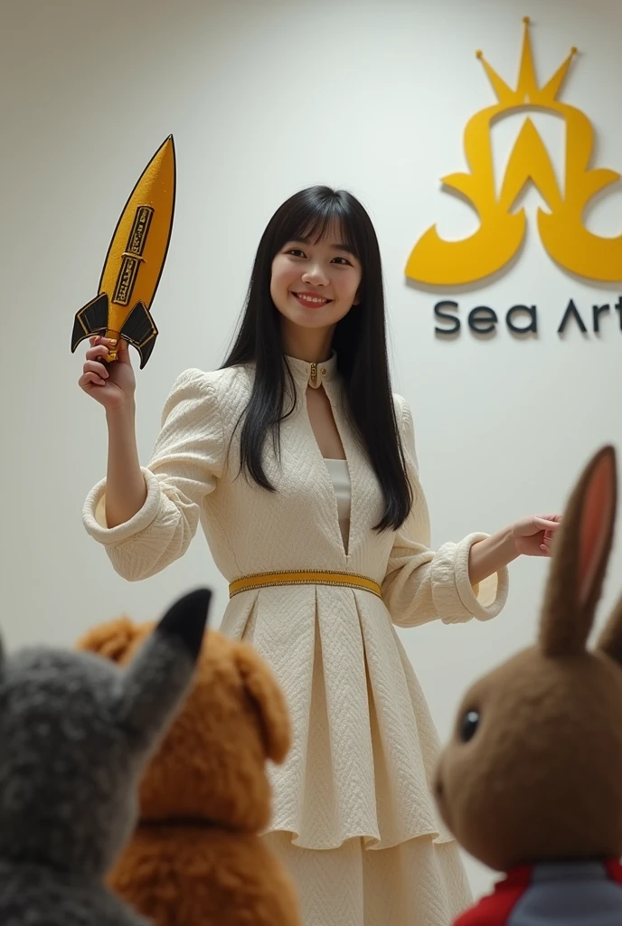 ((Cute cat, dog, monkey, pheasant, raccoon, panda, parakeet, and rabbit holding up a sign that says Mysterious Fog:1.3)), 4-year-old. long, straight black hair, Slim face, Very thin and pale skin. She is wearing a beautiful Dior-style white light tweed dress with gold accents. On Stage "Rocket Launcher", She is wearing a gorgeous dress with a blue strap around her neck、 ((Giant Rocket Launcher:1.3)). She smiles as she speaks to the audience. Behind her、There is a white wall with a yellow Sea Art logo。. She has a good style. There seems to be an interesting and intelligent thought in her eyes. Her knowledge of AI technology to people from all walks of life々And her overall aura suggests that、Confidence and determination ooze from her。. That's how Sea Art speaks. She points ((Rocket Launcher:1.3))、 Cute cat, dog, monkey, pheasant, raccoon, panda, parakeet, and in front of the rabbit audience.The audience are all Cute cat, dog, monkey, pheasant, raccoon, panda, parakeet, and rabbit animals.。