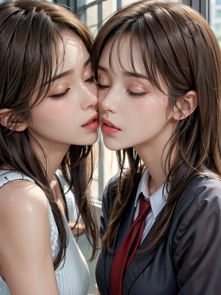 ((2 Japan schoolgirl)), ((2 Cute Girls)), 18 years old, yuri, (school uniform), (red neck tie), perfection female form, perfection face, Glossy pink lips, Expressive eyes, eye shadow, eyeliner, Huge natural breasts, (Narrow waist), light brown hair, short hair, (floating hair), expressive hair, (over-rim glasses), long eyelashes, (cowboy shot), (((kiss, kissing))), bedroom, Closed eyes, nsfw, UHD, masterpiece, accurate, anatomically correct, textured skin, super detail, high details, high quality, best quality,