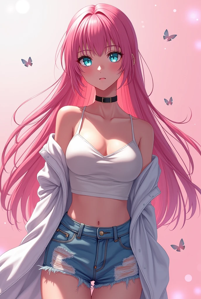 detailed aqua eyes, pink hair, (aqua eyes), Official art, Unity 8k Wallpaper, Ultra-detail, Beautiful and aesthetic, masterpiece, Best Quality, 1girl, big tits, Extremely detailed, elegant, vivd color, romanticism, arms behind back, street fashion, shiny skin, sexy pose, ((pink background)), heavy blushing, upper body, straight on, (cleavage), perfect thighs, standing, casual, funky graphic design, ((anime style)), 