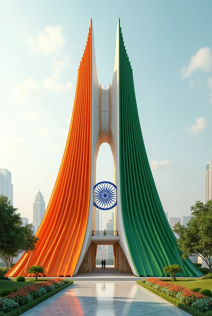 (photorealism:1.2), Happy independence day creative architecture post for independence day 15 August for unique detailed post for story make unique architecture post for independence day more unique with indian flag and unique building and colour with Indian flag morden architecture