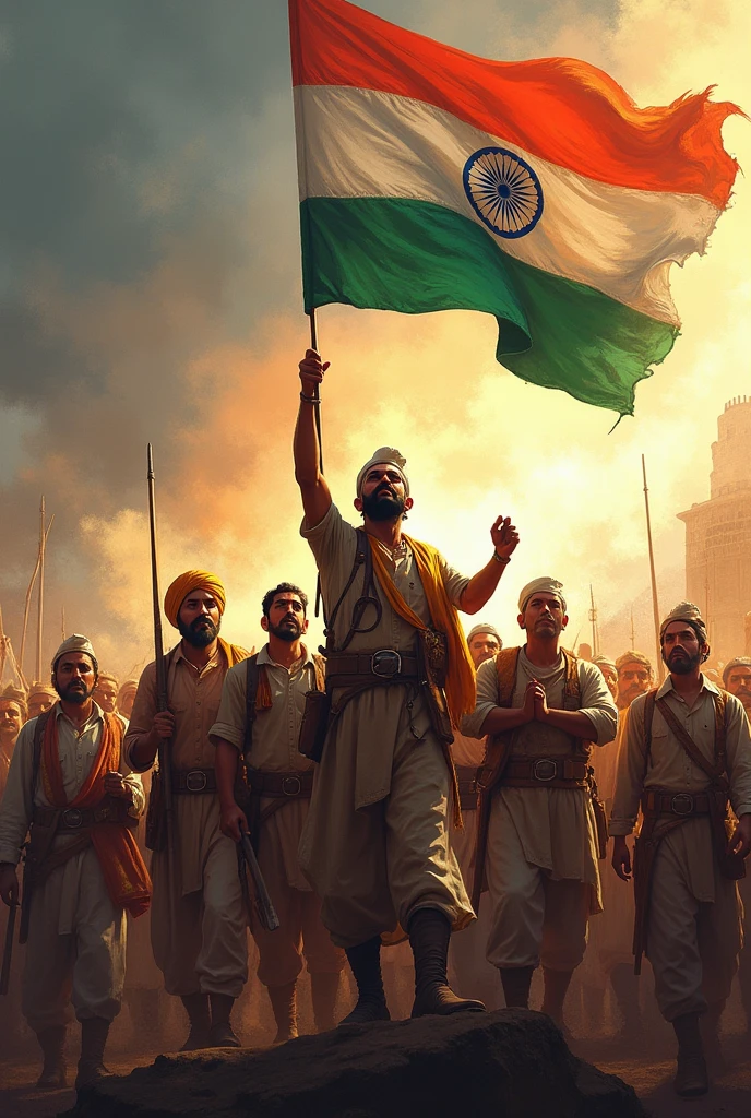 Indian freedom fighters holding Indian Flag and don't add Mahatma Gandhi and add Chatrapati Shivaji Maharaj and Maharana Pratap.