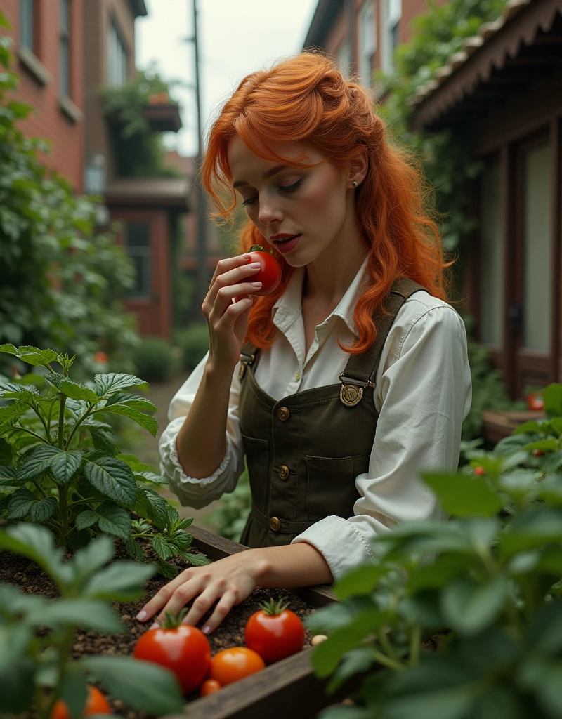 20 yo [Sophia Loren:Maude Adams:0.45] as a beautiful ginger haired Victorian House Work workers, biting ripe juicy tomatoes while tending her vegetables urban garden at her Victorian working class Tiny Apartment backyard, insanely detailed and intricate, bokeh, shallow depth of field, Don Lawrence cinematic photorealistic color comic scene style, low-key, octane render, octane lighting