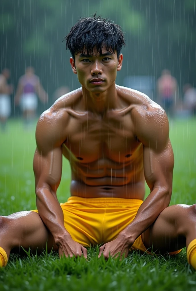 Create a realistic k photo of a handsome Chinese gentleman  teenager with sharp features, a defined six-pack, a toned physique, and a tanned complexion. He's wearing yellow football shorts and is sitting with his legs stretched out on a football field on a day with heavy rain. His body and clothes are drenched in the downpour.