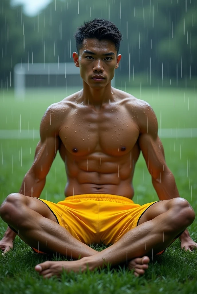 Create a realistic k photo of a handsome Chinese gentleman ager with sharp features, a defined six-pack, a toned physique, and a tanned complexion. He's wearing yellow football shorts and is sitting with his legs stretched out on a football field on a day with heavy rain. His body and clothes are drenched in the downpour.