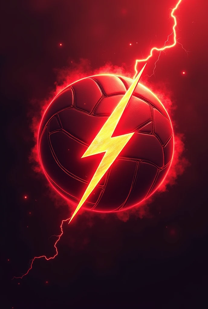 a logo that uniformly represents a red storm, a lightning bolt and a volleyball.
