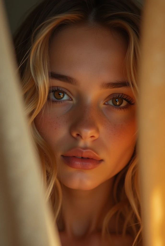 CRU photo, beautiful brown eyes, blonde with wavy hair, macro photo, work of art, peeking behind the curtains, colorful details, awardwinning, highy detailed, 8k, natural lighting, analog film, skin detailed, amazing composition, details Intricate, underground dispersal, veiled hair, amazing textures, cinematographic, Bright dark, smooth light, 21 years old, close up of the upper body and face