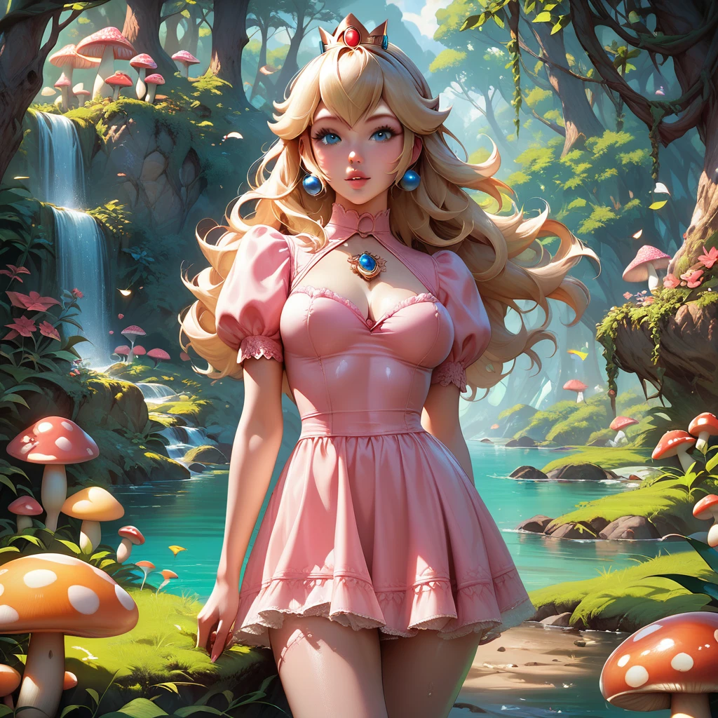 Princess Peach a mushroom forest bending down to pick mushrooms from the ground. wearing a short dress, tight dress, long wavy blonde hair, seductive body. Detailed body, detailed clothing, well-defined beach. masterpiece, vivid colors.