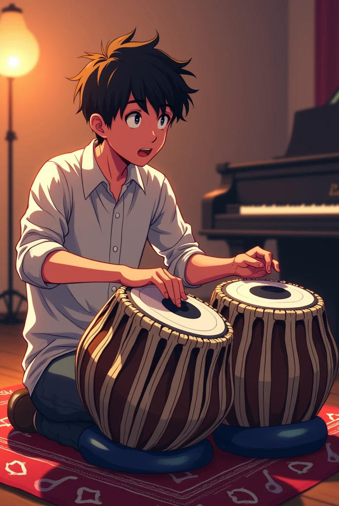 A 18 Year old boy play tabla and right hand side stay close piano in music studio tabla is big anime version full tabla see tabla image is bor rectify this he is seatting on piano chair piano is also main do not blur stay close piano 