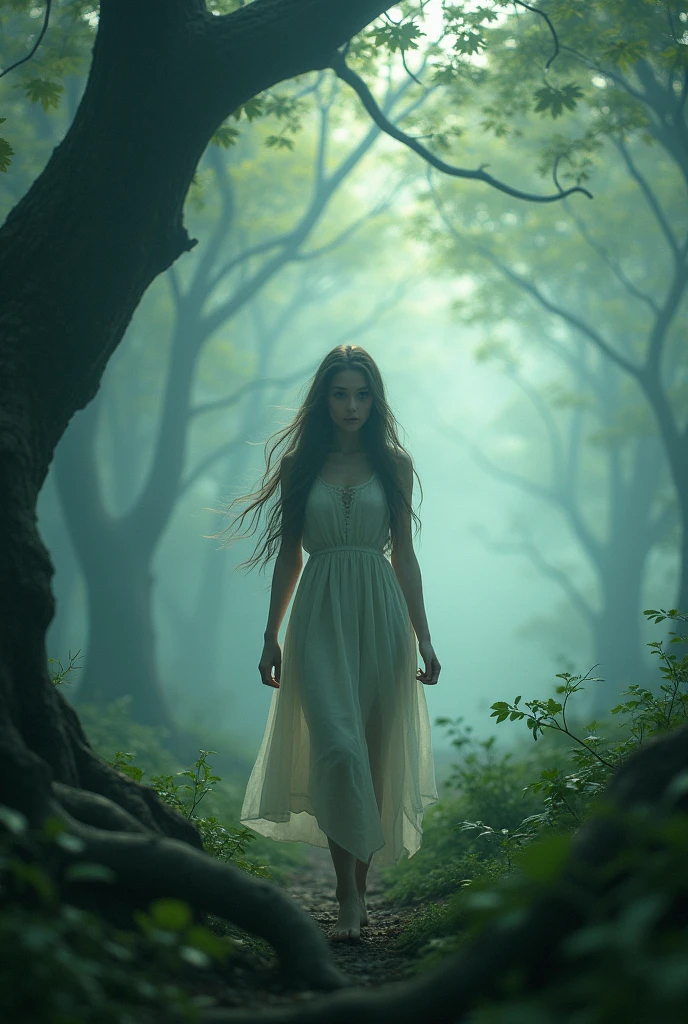 a mysterious girl in a foggy forest, long flowing hair, piercing blue eyes, delicate facial features, flowing ethereal dress, walking through mist, warm light glowing through the fog, lush green foliage, gnarled tree roots, serene and dreamlike atmosphere, (best quality,4k,8k,highres,masterpiece:1.2),ultra-detailed,(realistic,photorealistic,photo-realistic:1.37),fantasy,cinematic lighting,moody colors,dramatic lighting