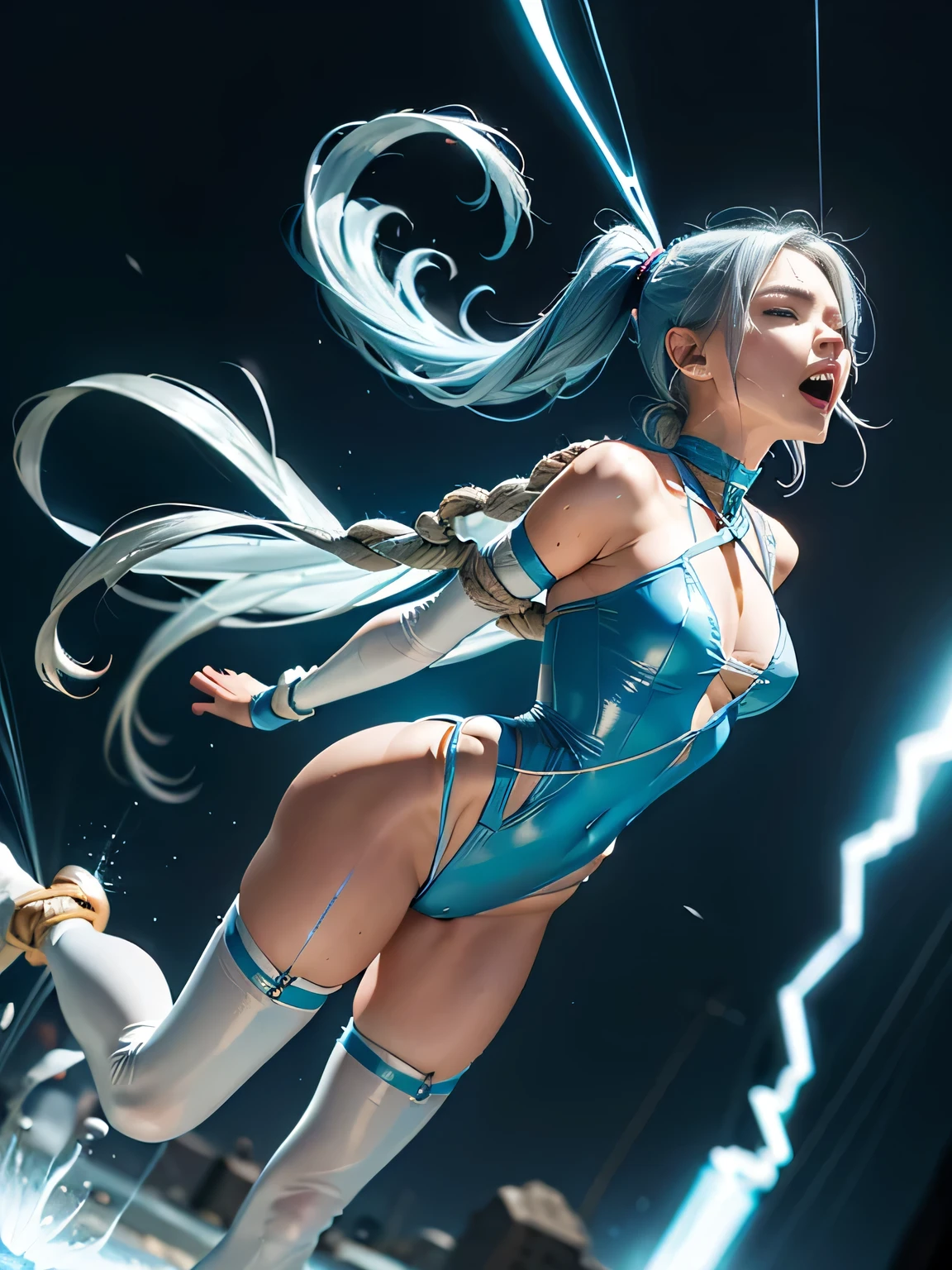 superheroine, long long gorgeous light blue hair, ((rough rope wrapped around body, tighten up)), latex, leotard, skyblue and white costume, captured, shibari, static restrained, ((arms behind back)), chained, rope bind,collared, cruelly, painful, helpless, humiliating, regrettable, being whipped,((screaming in pain)), falling body, eyes closed, running away, ((directly strucked by electric shock)), lean back, body lying down, body fall down, floating in air, full body shot, in alien land, bondage