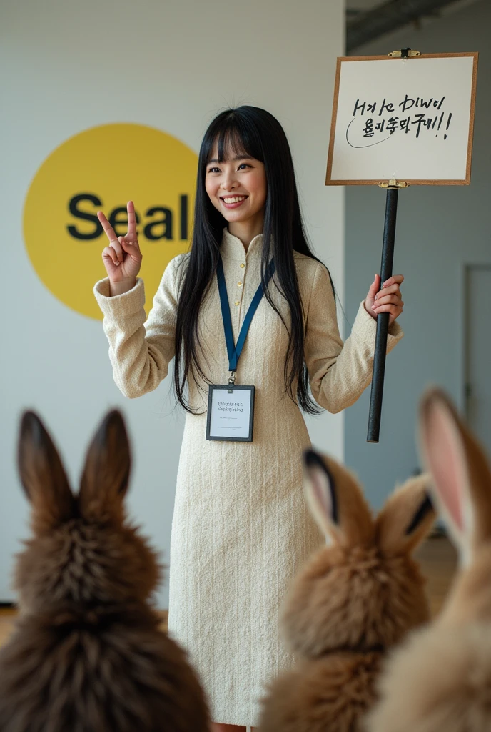 ((Cute cat, dog, monkey, pheasant, raccoon, panda, parakeet, and rabbit holding up a sign that says Mysterious Fog:1.3)), 60 years old. long, straight black hair, Slim face, Very thin and pale skin. She is wearing a beautiful Dior-style white light tweed dress with gold accents. On Stage "Rocket Launcher", She is wearing a gorgeous dress with a blue strap around her neck、 ((Giant Rocket Launcher:1.3)). She smiles as she speaks to the audience. Behind her、There is a white wall with a yellow Sea Art logo。. She has a good style. There seems to be an interesting and intelligent thought in her eyes. Her knowledge of AI technology to people from all walks of life々And her overall aura suggests that、Confidence and determination ooze from her。. That's how Sea Art speaks. She points ((Rocket Launcher:1.3))、 Cute cat, dog, monkey, pheasant, raccoon, panda, parakeet, and in front of the rabbit audience.The audience are all Cute cat, dog, monkey, pheasant, raccoon, panda, parakeet, and rabbit animals.。