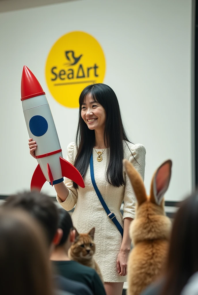 ((Cute cat, dog, monkey, pheasant, raccoon, panda, parakeet, and rabbit holding up a sign that says Mysterious Fog:1.3)), 60 years old. long, straight black hair, Slim face, Very thin and pale skin. She is wearing a beautiful Dior-style white light tweed dress with gold accents. On Stage "Rocket Launcher", She is wearing a gorgeous dress with a blue strap around her neck、 ((Giant Rocket Launcher:1.3)). She smiles as she speaks to the audience. Behind her、There is a white wall with a yellow Sea Art logo。. She has a good style. There seems to be an interesting and intelligent thought in her eyes. Her knowledge of AI technology to people from all walks of life々And her overall aura suggests that、Confidence and determination ooze from her。. That's how Sea Art speaks. She points ((Rocket Launcher:1.3))、 Cute cat, dog, monkey, pheasant, raccoon, panda, parakeet, and in front of the rabbit audience.The audience are all Cute cat, dog, monkey, pheasant, raccoon, panda, parakeet, and rabbit animals.。