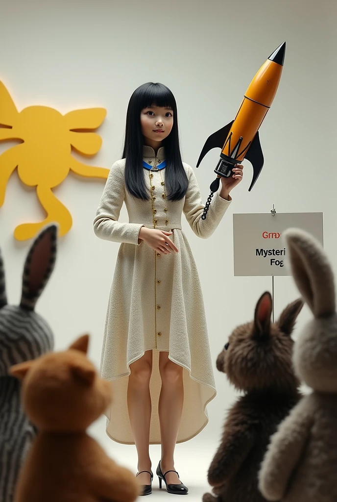 ((Cute cat, dog, monkey, pheasant, raccoon, panda, parakeet, and rabbit holding up a sign that says Mysterious Fog:1.3)), 60 years old. long, straight black hair, Slim face, Very thin and pale skin. She is wearing a beautiful Dior-style white light tweed dress with gold accents. On Stage "Rocket Launcher", She is wearing a gorgeous dress with a blue strap around her neck、 ((Giant Rocket Launcher:1.3)). She smiles as she speaks to the audience. Behind her、There is a white wall with a yellow Sea Art logo。. She has a good style. There seems to be an interesting and intelligent thought in her eyes. Her knowledge of AI technology to people from all walks of life々And her overall aura suggests that、Confidence and determination ooze from her。. That's how Sea Art speaks. She points ((Rocket Launcher:1.3))、 Cute cat, dog, monkey, pheasant, raccoon, panda, parakeet, and in front of the rabbit audience.The audience are all Cute cat, dog, monkey, pheasant, raccoon, panda, parakeet, and rabbit animals.。