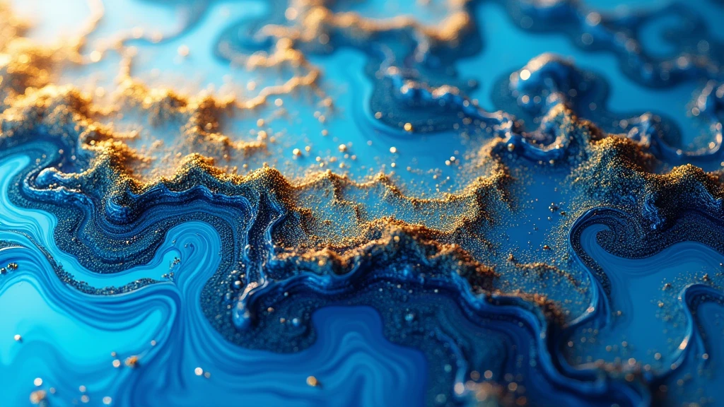 : A close-up of vibrant swirling alcohol ink blending in hues of blue and gold, creating intricate patterns on a smooth surface. 8k