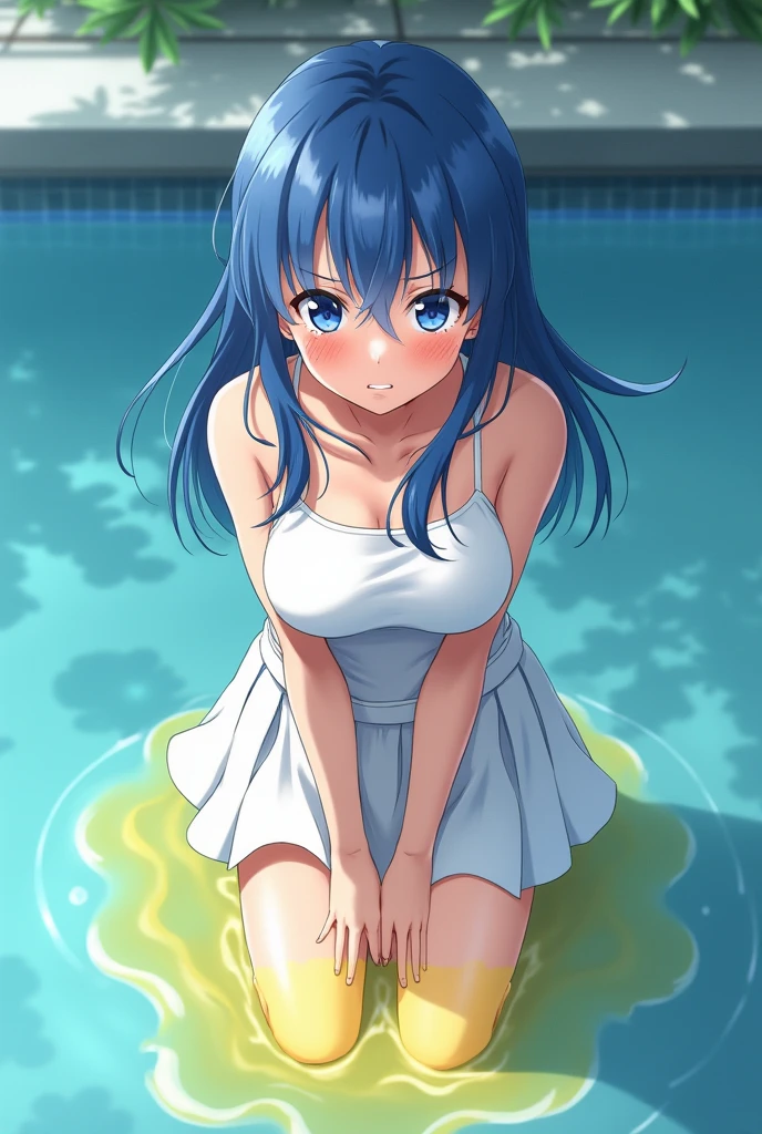 Peeing self, Have to pee, Anime, looking at camera, embarrassed, blush, peeing, yellow pee, tears, crying, out of breath, sweating, blue eyes, cyan hair, one girl, Eirika fe, white skirt, a spot of yellow urine in the pool, а spot of yellow urine in the pool water, yellow urine flows from the perineum