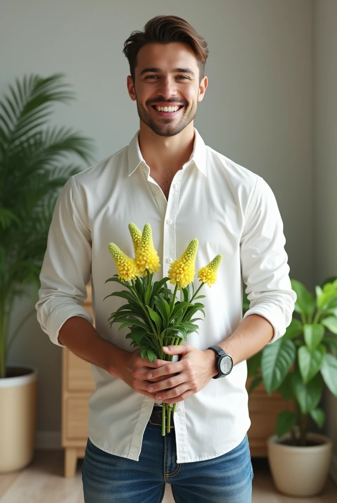 (photorealism:1.2),a handsome man, wearing a white shirt and blue jeans, smiling, standing in the room, holding Anthocephalus indicus,