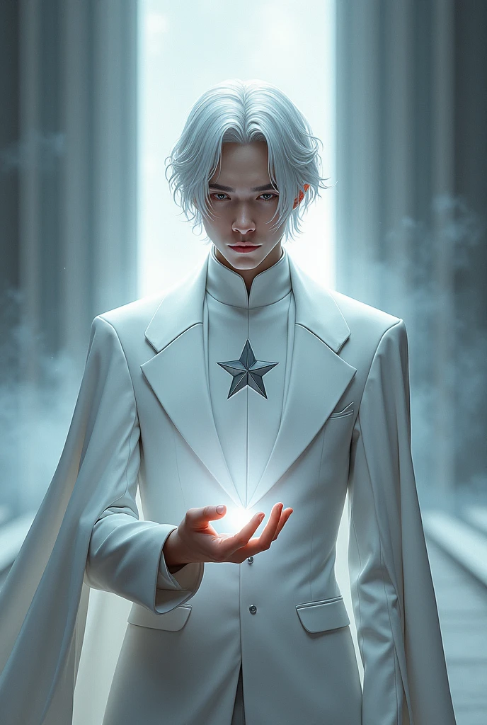 He has white hair, gray eyes, a beautiful face, slightly long hair, a white cloak, wearing a white modern futuristic suit, smiling slightly. Let him be the guy whose hand radiates light. Have a 6-pointed gray star in the middle of the suit.