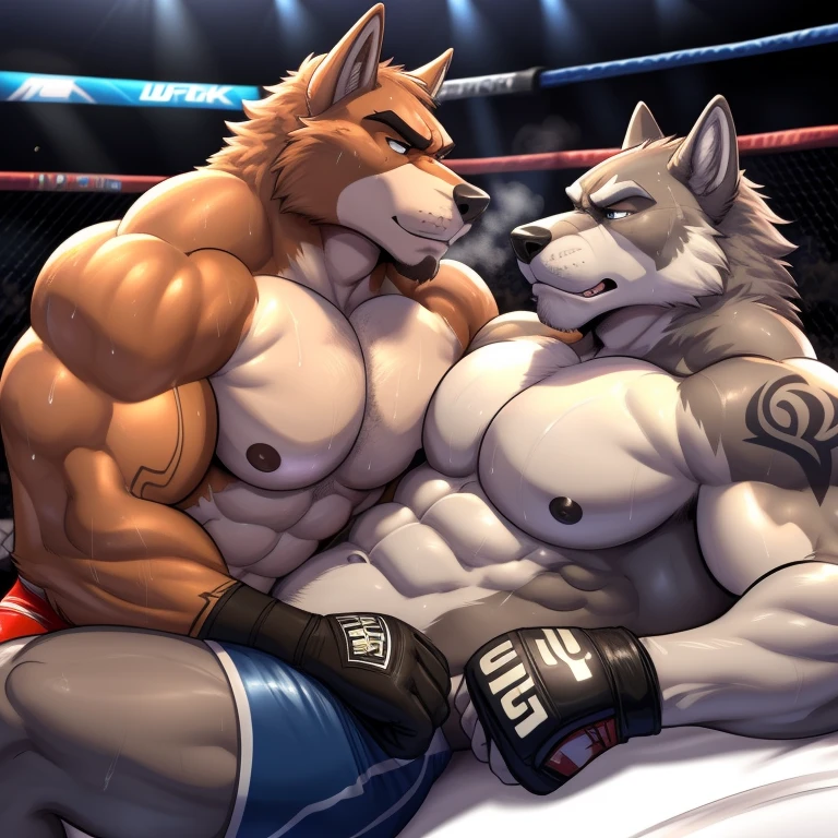 Duo male(Brown Wolf vs Gray Wolf), handsomes(handsome hairstyle, Thick eyebrows, detailed face), gay(Lying down, cuddling holding, body with body, wrestling at each other, face to face, on a UFC match), hot(Shirtless), handsomes(They are handsomes, correct anatomy), musculosos(Big muscle bodies, Six packs, muscle abs, big pecs), sweaty(very sweaty wet bodies, shiny sweat), tatuajes(they have tattoos), grumpy(Both have an grumpy expression, grumpy teeths, steaming breath), UFC gloves(They both are wearing UFC gloves), Hight resolution, by(Zourik:1.1)