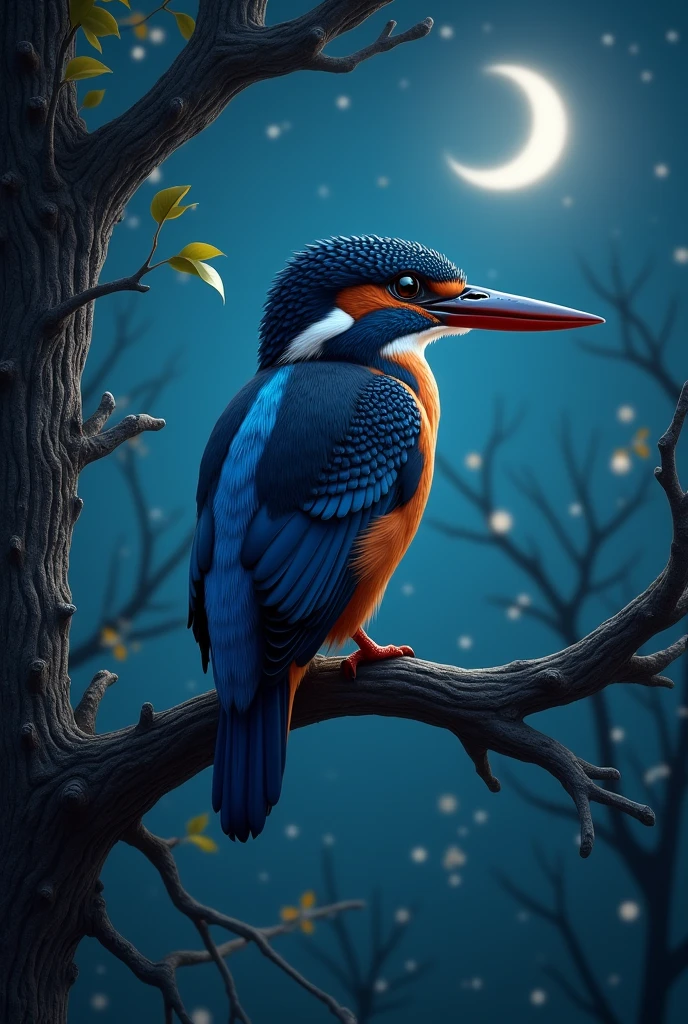 Generate me a picture of a big gray, blue and black Kingfisher bird perched on a tree branch at night
