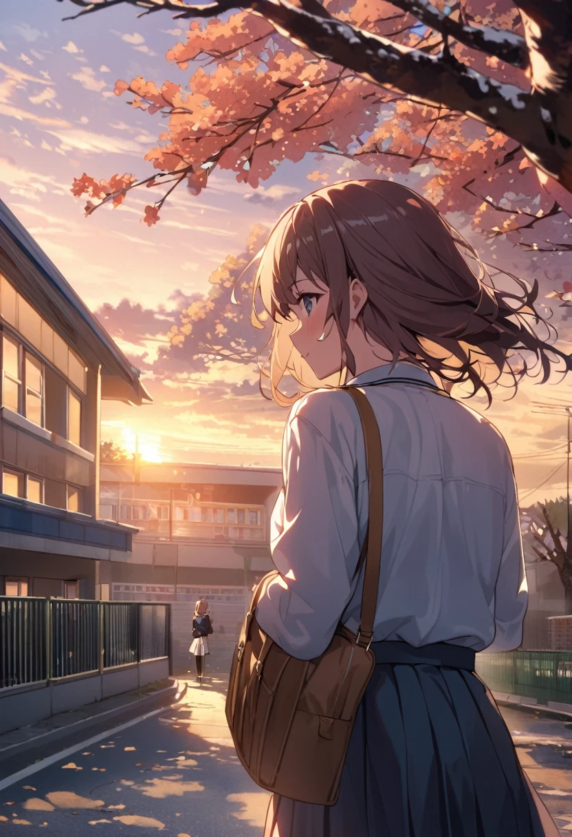 One Woman、beautiful girl、Very beautiful scenery、after school、evening、high school girl、School、Back of the school building、Schoolyard、winter、Under the 大きい tree、that'that'it's snowing、Snowfall、Blazer Uniform、Pleated skirt、Duffle coat、Black knee-high socks、Long Hair、Wear a scarf、Highest qualthaty, Thick thighs、Big ass、Black Hair、The wind is raging.