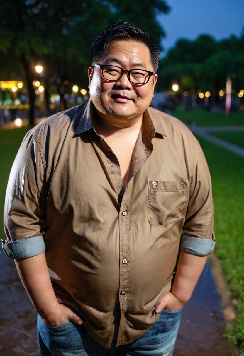 Man, Asian, 50 years old, Fat, Chubby, wearing glasses,( Put on a thin, light brown shirt, Unbutton the shirt ), Unbuttoned, wearing Jeans, in the park, Wet, stained, Raining, night time, beautiful lighting, Top view.