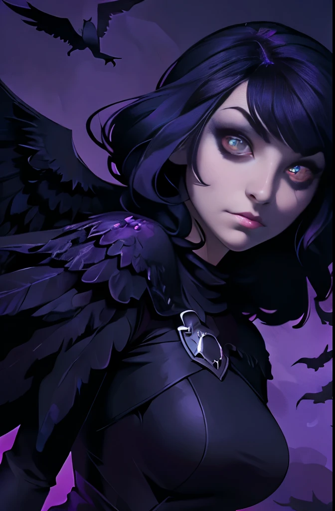 a dark haired woman with wings and a purple background, dark feathered wings, raven monster, dark fantasy style art, in style of dark fantasy art, raven wings, dark fantasy illustration, fantasy dark art, an ominous fantasy illustration, jen bartel, among ravens, dark illustration, dark fantasy art, raven, dark crow, by Yang J, dark art style