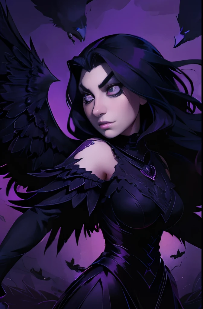 a dark haired woman with wings and a purple background, dark feathered wings, raven monster, dark fantasy style art, in style of dark fantasy art, raven wings, dark fantasy illustration, fantasy dark art, an ominous fantasy illustration, jen bartel, among ravens, dark illustration, dark fantasy art, raven, dark crow, by Yang J, dark art style