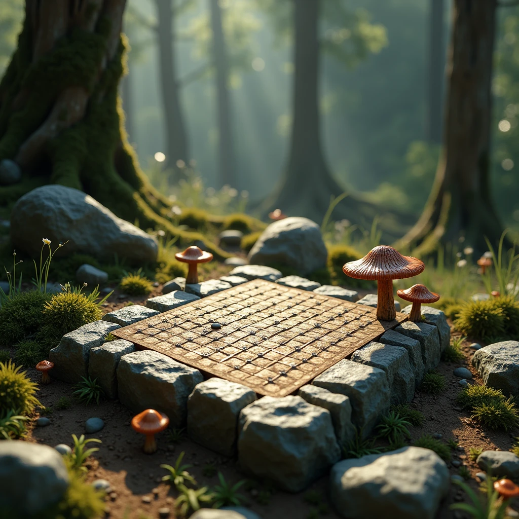 3D Model Games, Tribal style, Square land model of rocks, Ancient forest with rocks, There is a Go board on the rocks，Trees and mossy decaying wood, mushroom, Flower and grass growth