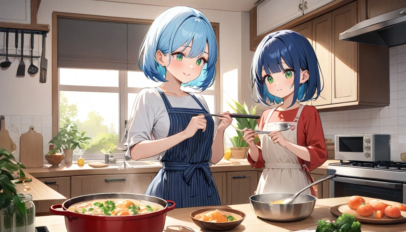 Highest quality、Light blue hair、Short Bob、Deep green eyes、Small ,Age 25,ng a cute dress、Cooking in my family's kitchen、She is cooking with her mother who has long navy blue hair.