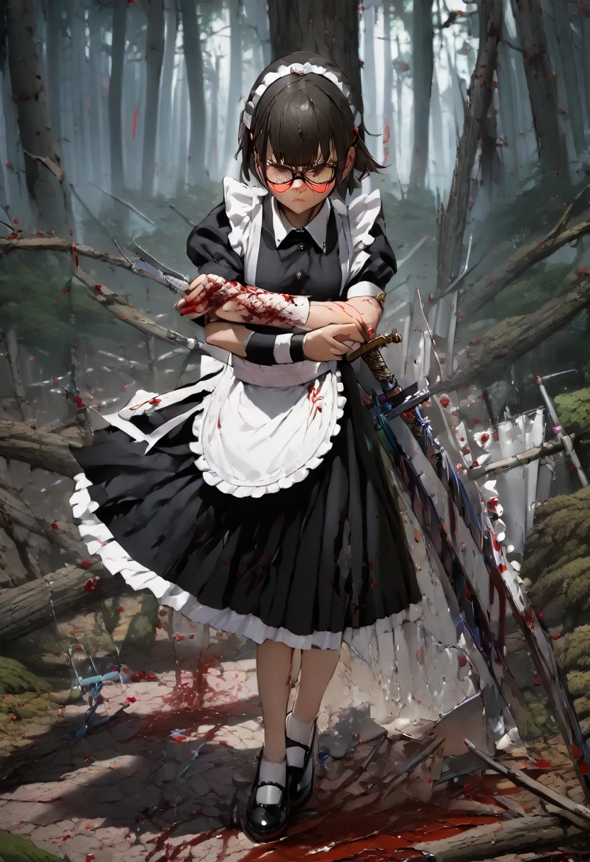 Highest quality, masterpiece, High resolution, alone, , (maid:1.40), (long maid dress:1.15), 19 ,forest,Detailed Background,Glasses,Sword in both hands,Battle Scenes,Blood,Damaged clothes,scar,