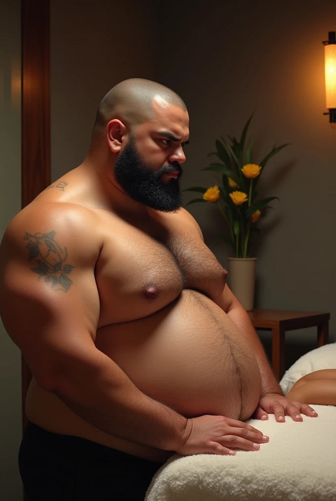 Semi-chubby male masseur with wide eyebrows, buzz cut and Dominican beard.